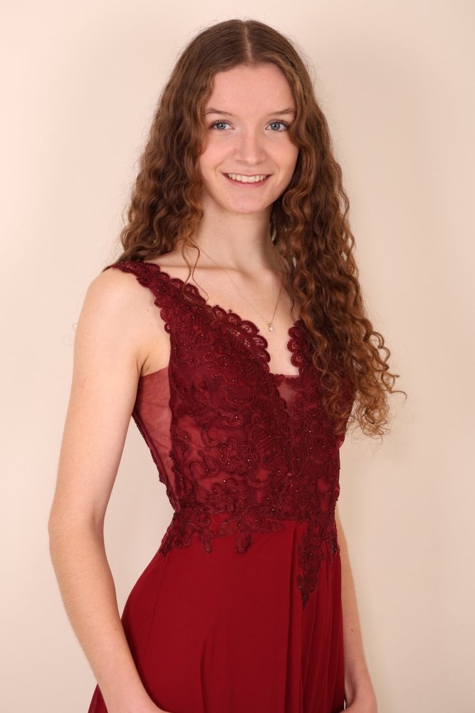 Abendkleid mit Spitzenoberteil, V - Ausschnitt & Schlitz, dunkelrot - Dein Kleiderladen