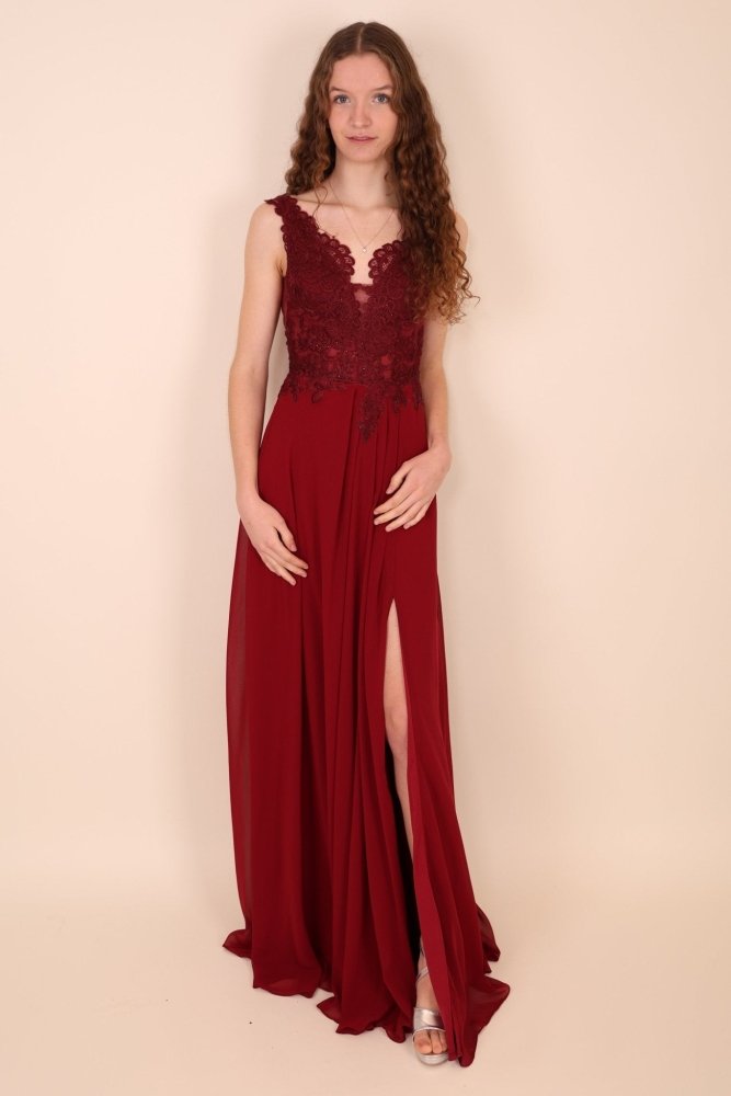 Abendkleid mit Spitzenoberteil, V - Ausschnitt & Schlitz, dunkelrot - Dein Kleiderladen
