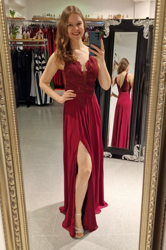 Abendkleid mit Spitzenoberteil, V - Ausschnitt & Schlitz, dunkelrot - Dein Kleiderladen
