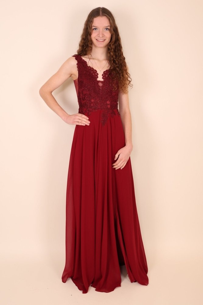 Abendkleid mit Spitzenoberteil, V - Ausschnitt & Schlitz, dunkelrot - Dein Kleiderladen