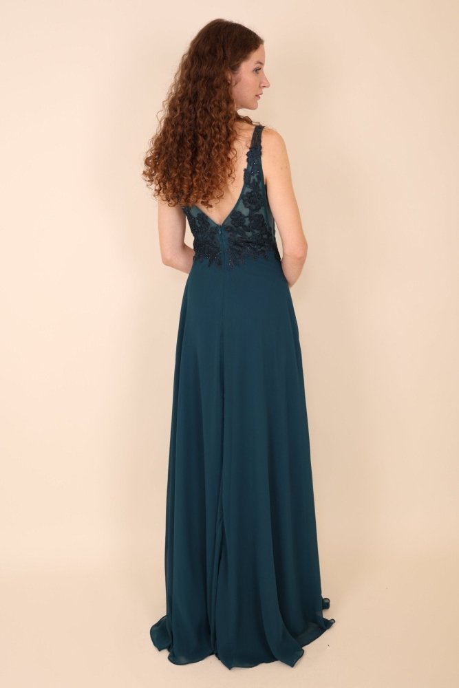 Abendkleid mit Spitzenoberteil, V - Ausschnitt & Schlitz, petrol - Dein Kleiderladen