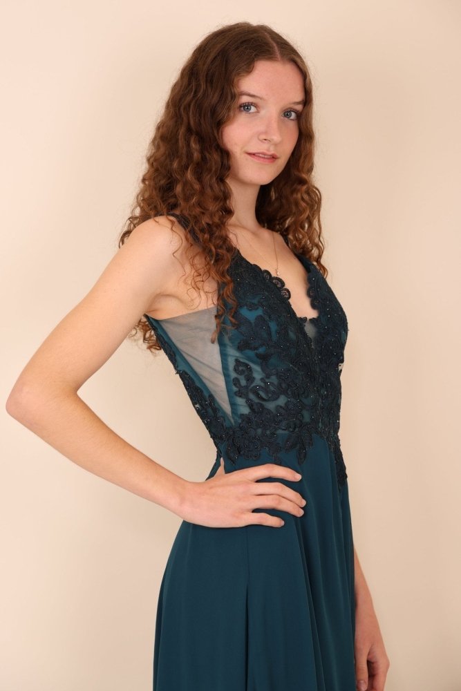 Abendkleid mit Spitzenoberteil, V - Ausschnitt & Schlitz, petrol - Dein Kleiderladen