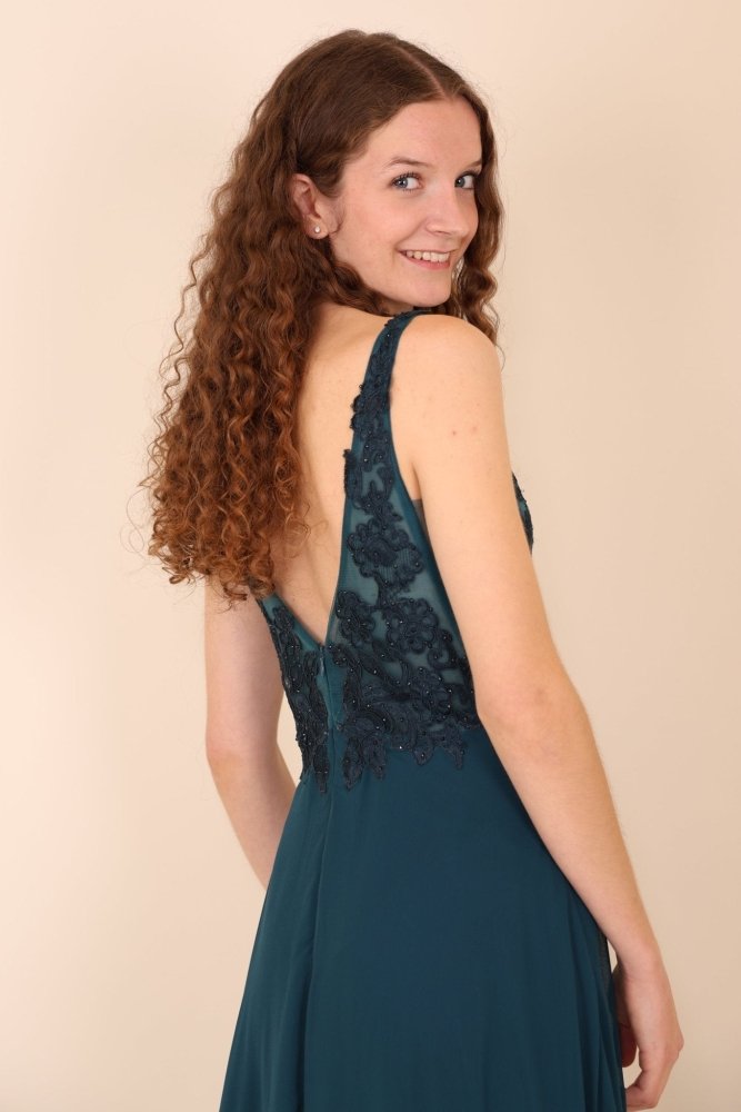 Abendkleid mit Spitzenoberteil, V - Ausschnitt & Schlitz, petrol - Dein Kleiderladen