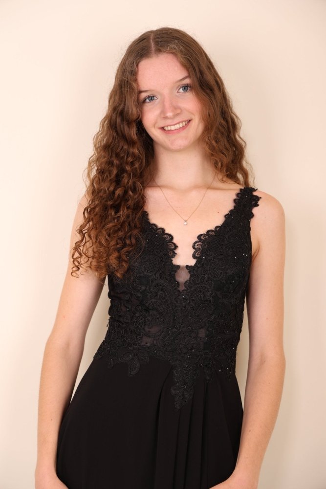 Abendkleid mit Spitzenoberteil, V - Ausschnitt & Schlitz, schwarz - Dein Kleiderladen