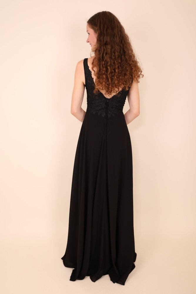 Abendkleid mit Spitzenoberteil, V-Ausschnitt & Schlitz, schwarz - Dein Kleiderladen