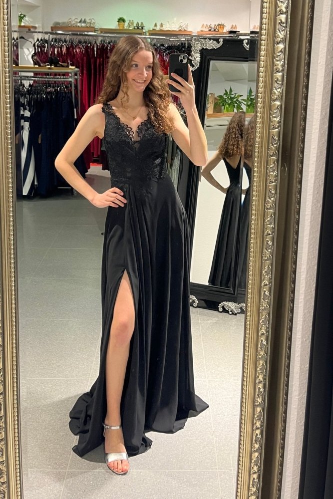 Abendkleid mit Spitzenoberteil, V - Ausschnitt & Schlitz, schwarz - Dein Kleiderladen