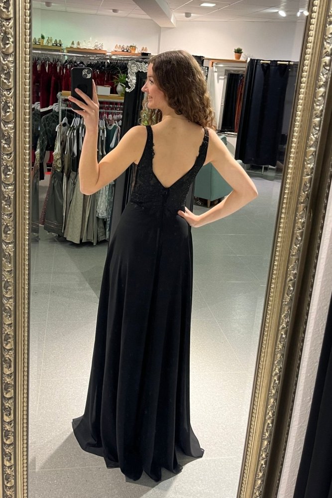 Abendkleid mit Spitzenoberteil, V - Ausschnitt & Schlitz, schwarz - Dein Kleiderladen