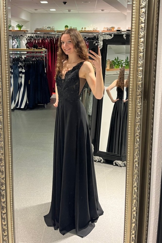 Abendkleid mit Spitzenoberteil, V - Ausschnitt & Schlitz, schwarz - Dein Kleiderladen