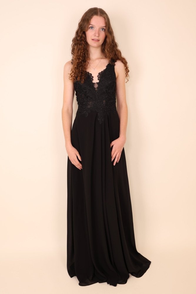 Abendkleid mit Spitzenoberteil, V - Ausschnitt & Schlitz, schwarz - Dein Kleiderladen