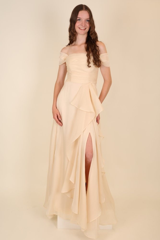 Abendkleid mit variablen Trägern, Volants und Schlitz, beige - Dein Kleiderladen