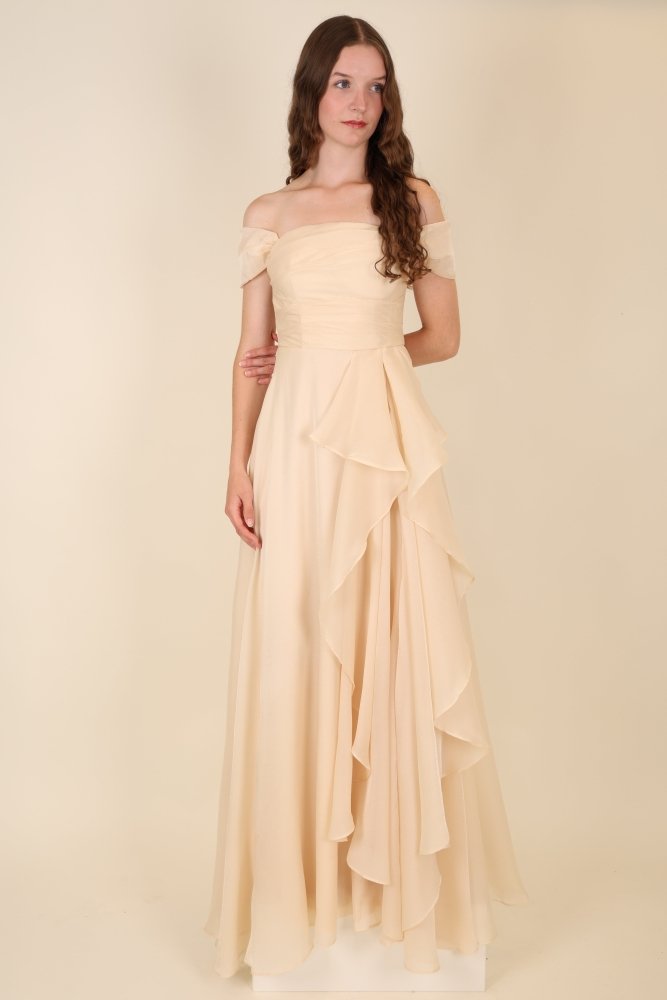Abendkleid mit variablen Trägern, Volants und Schlitz, beige - Dein Kleiderladen