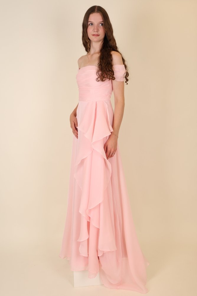 Abendkleid mit variablen Trägern, Volants und Schlitz, blush pink - Dein Kleiderladen