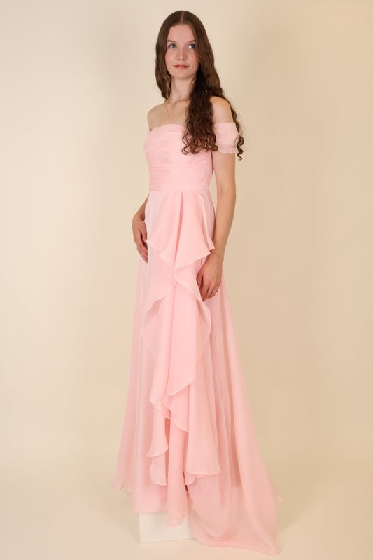 Abendkleid mit variablen Trägern, Volants und Schlitz, blush pink - Dein Kleiderladen