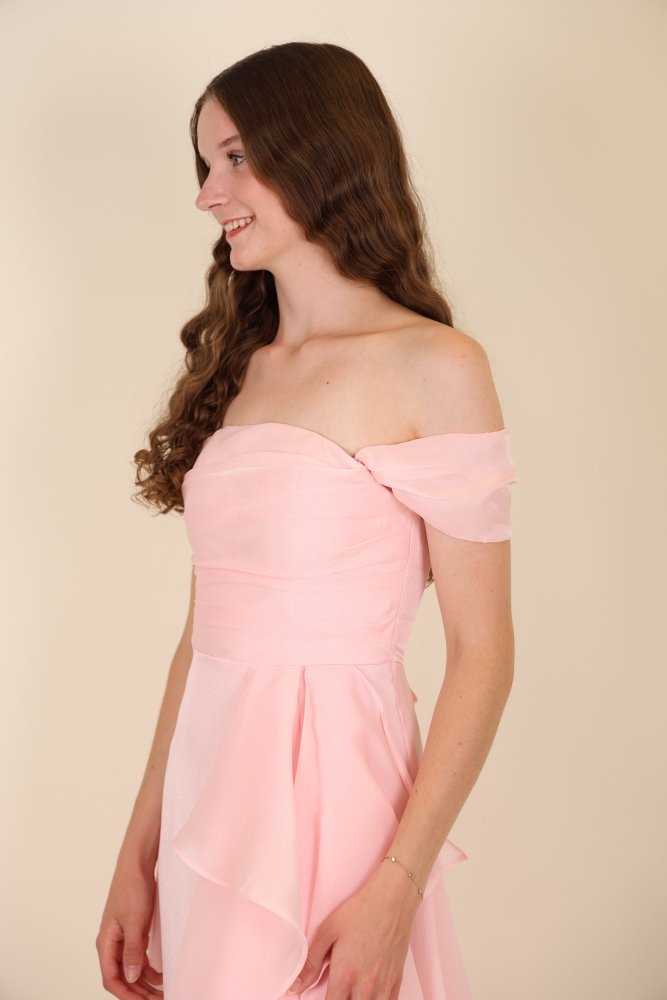 Abendkleid mit variablen Trägern, Volants und Schlitz, blush pink - Dein Kleiderladen