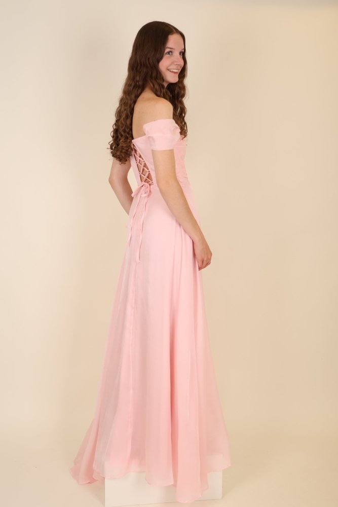 Abendkleid mit variablen Trägern, Volants und Schlitz, blush pink - Dein Kleiderladen