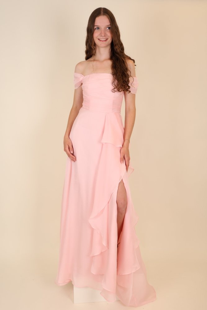Abendkleid mit variablen Trägern, Volants und Schlitz, blush pink - Dein Kleiderladen