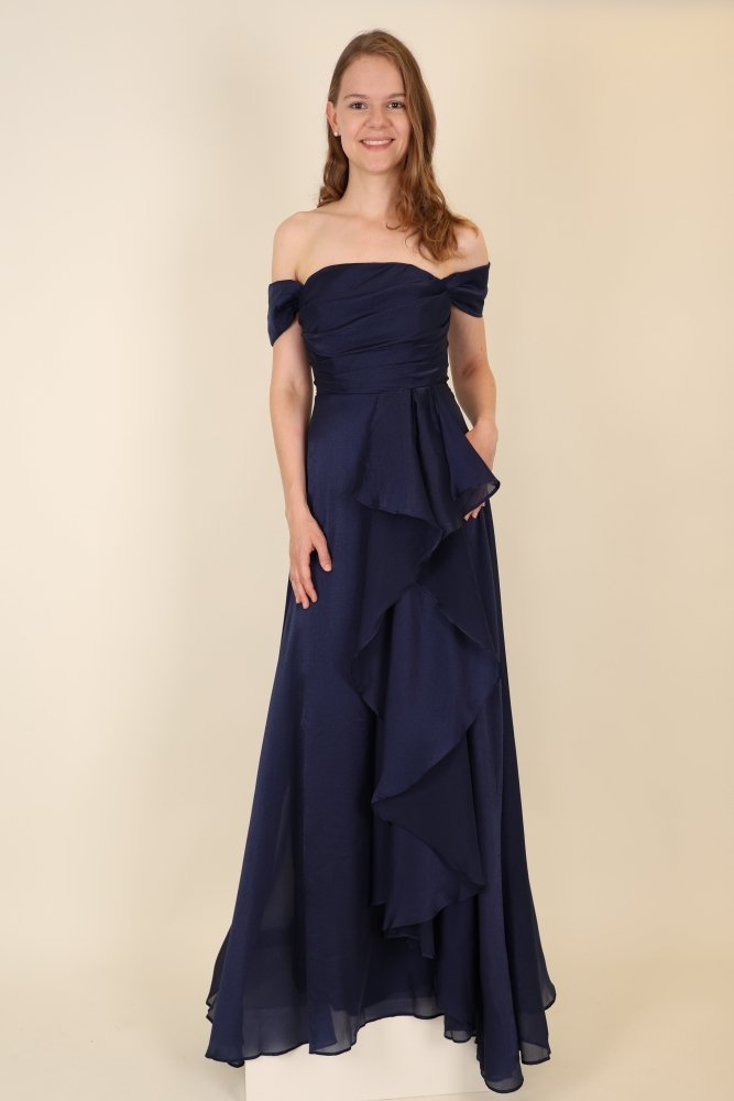 Abendkleid mit variablen Trägern, Volants und Schlitz, dunkelblau - Dein Kleiderladen