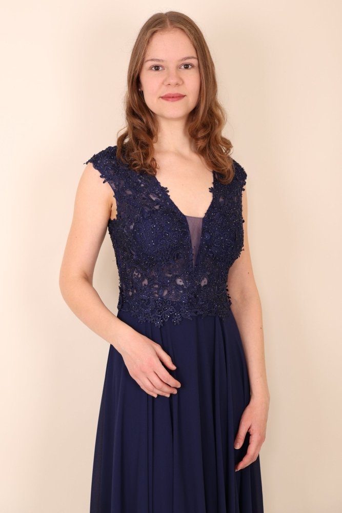 Ballkleid mit breiten Trägern und funkelnder Spitze, marineblau - Dein Kleiderladen