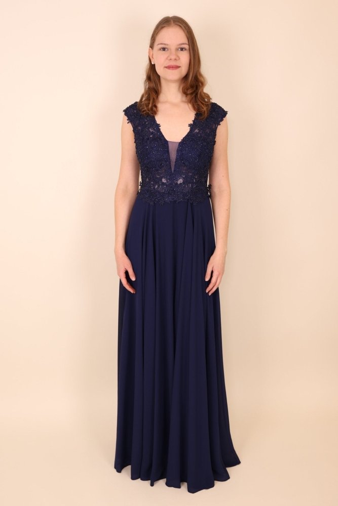 Ballkleid mit breiten Trägern und funkelnder Spitze, marineblau - Dein Kleiderladen