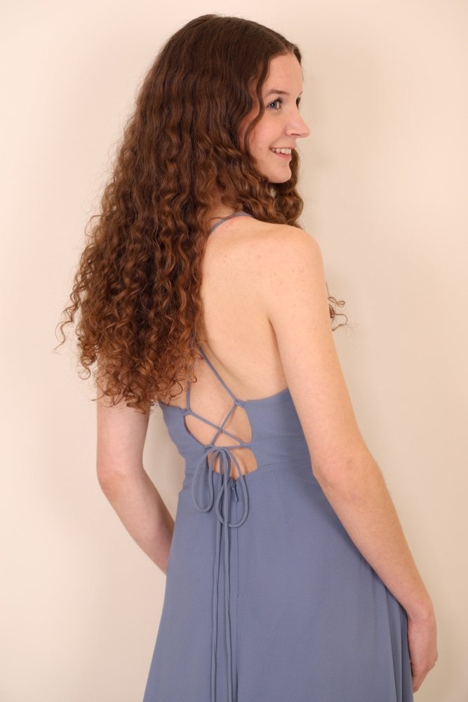 Ballkleid mit Schlitz und Schnürung, hellblau - Dein Kleiderladen