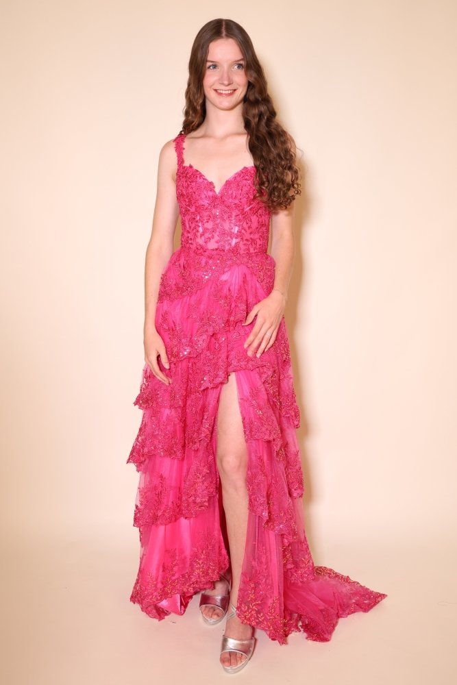Ballkleid mit Spitzen-Corsage, Stufenrock und Beinschlitz, pink - Dein Kleiderladen