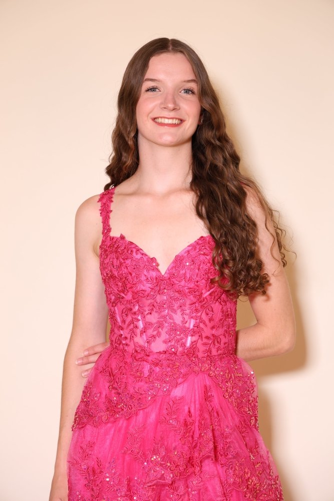 Ballkleid mit Spitzen-Corsage, Stufenrock und Beinschlitz, pink - Dein Kleiderladen