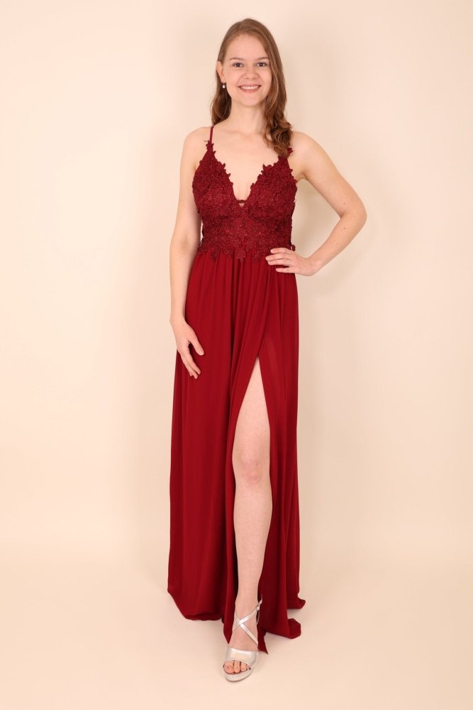 Ballkleid mit V - Ausschnitt, floraler Spitze & seitlichem Schlitz, dunkelrot - Dein Kleiderladen