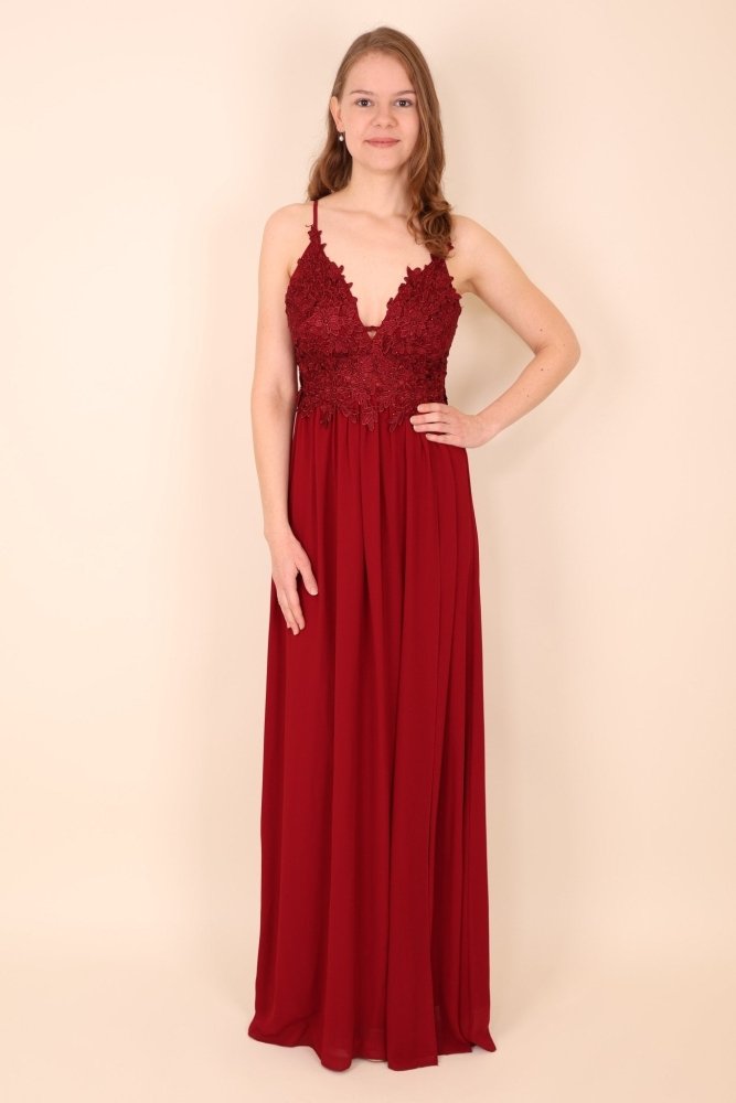 Ballkleid mit V - Ausschnitt, floraler Spitze & seitlichem Schlitz, dunkelrot - Dein Kleiderladen