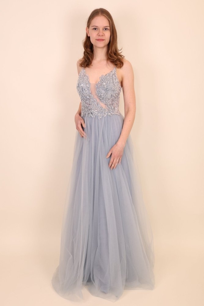 Ballkleid - Pompöses Tüllkleid mit feiner Bestickung, hellgrau/hellblau - Dein Kleiderladen