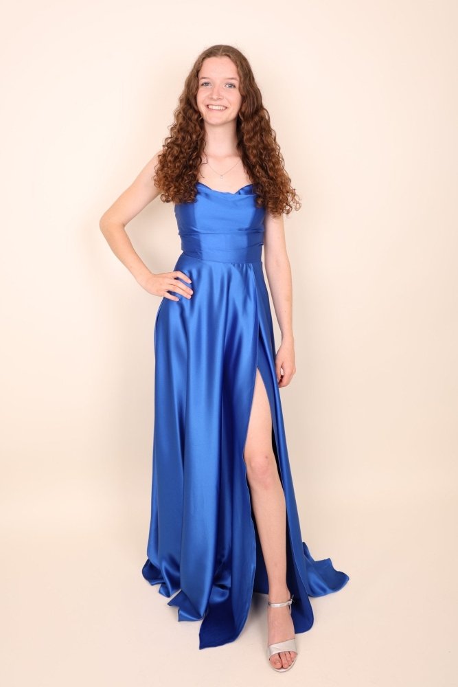Ballkleid - Satin mit Schnürung, Schlitz und Wasserfallausschnitt, royalblau - Dein Kleiderladen