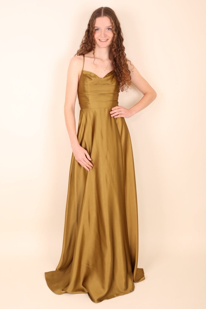 Ballkleid - Satin mit Schnürung, Schlitz und Wasserfallausschnitt, kaki - Dein Kleiderladen