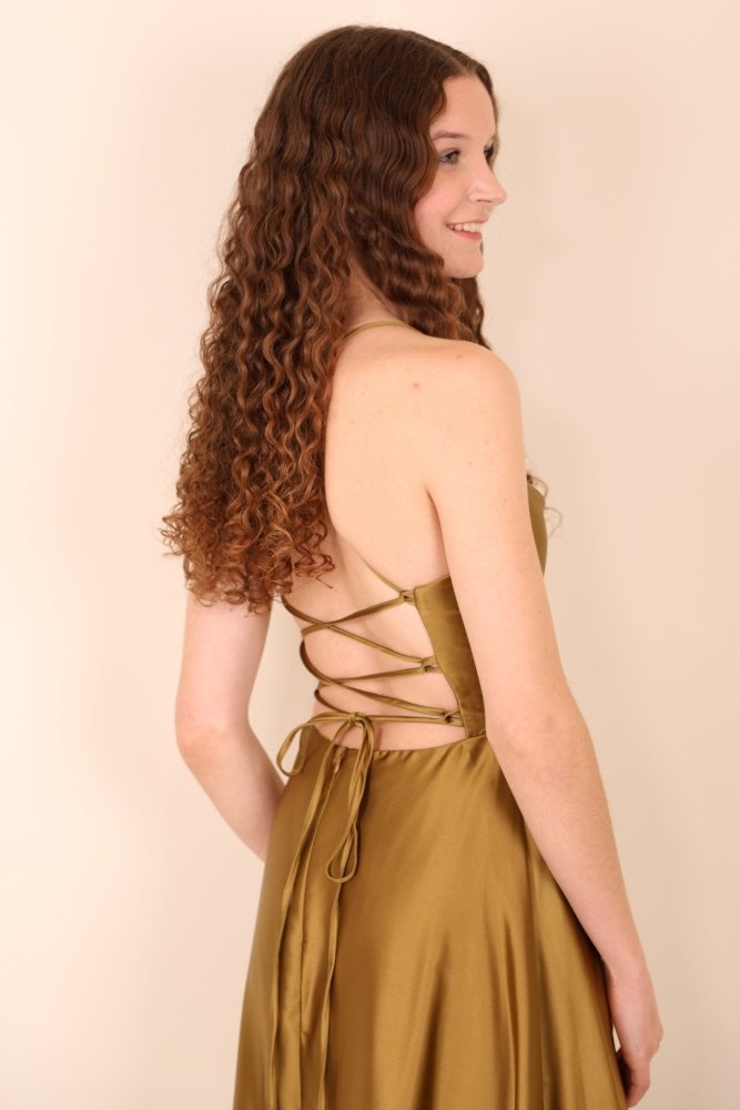 Ballkleid - Satin mit Schnürung, Schlitz und Wasserfallausschnitt, kaki - Dein Kleiderladen