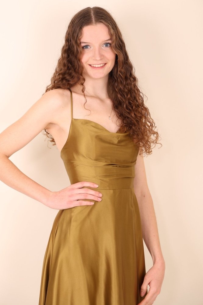 Ballkleid - Satin mit Schnürung, Schlitz und Wasserfallausschnitt, kaki - Dein Kleiderladen