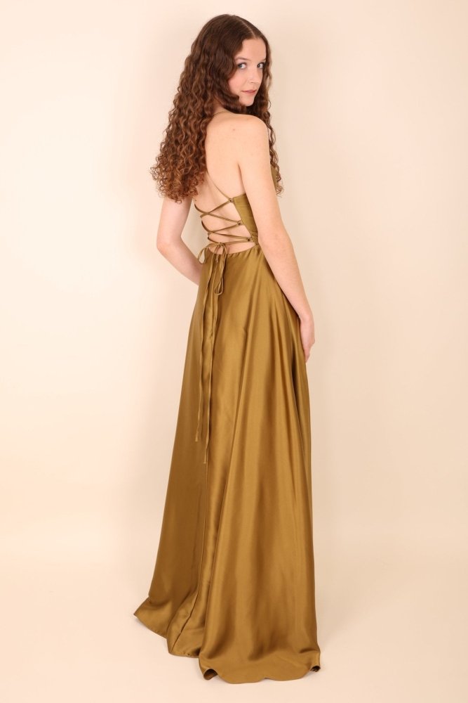 Ballkleid - Satin mit Schnürung, Schlitz und Wasserfallausschnitt, kaki - Dein Kleiderladen