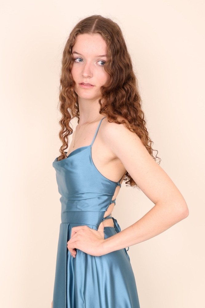 Ballkleid - Satin mit Schnürung, Schlitz und Wasserfallausschnitt, ozeanwelle - Dein Kleiderladen