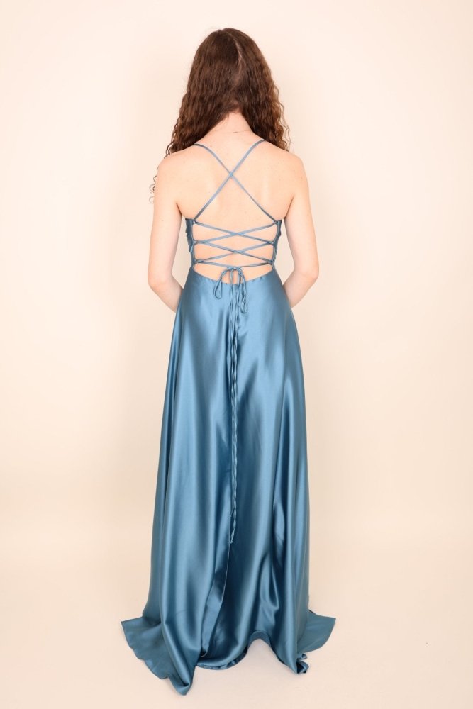 Ballkleid - Satin mit Schnürung, Schlitz und Wasserfallausschnitt, ozeanwelle - Dein Kleiderladen