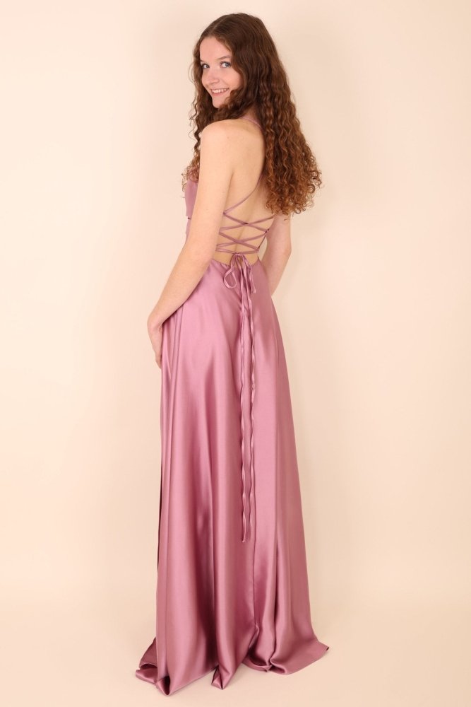 Ballkleid - Satin mit Schnürung, Schlitz und Wasserfallausschnitt, rosa- Dein Kleiderladen