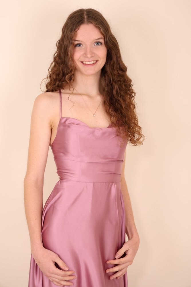 Ballkleid - Satin mit Schnürung, Schlitz und Wasserfallausschnitt, rosa- Dein Kleiderladen