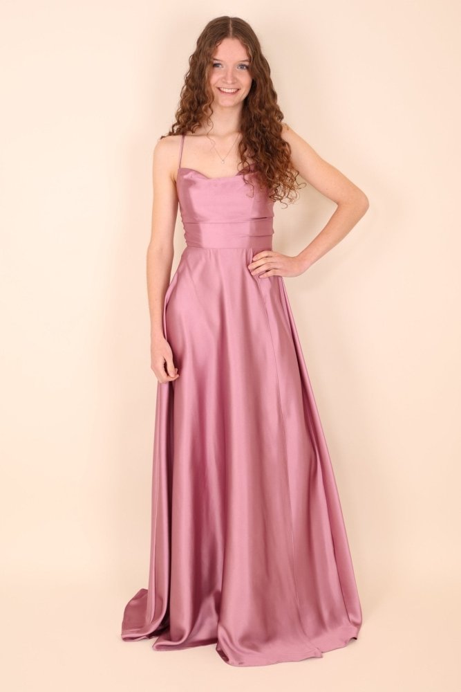 Ballkleid - Satin mit Schnürung, Schlitz und Wasserfallausschnitt, rosa- Dein Kleiderladen