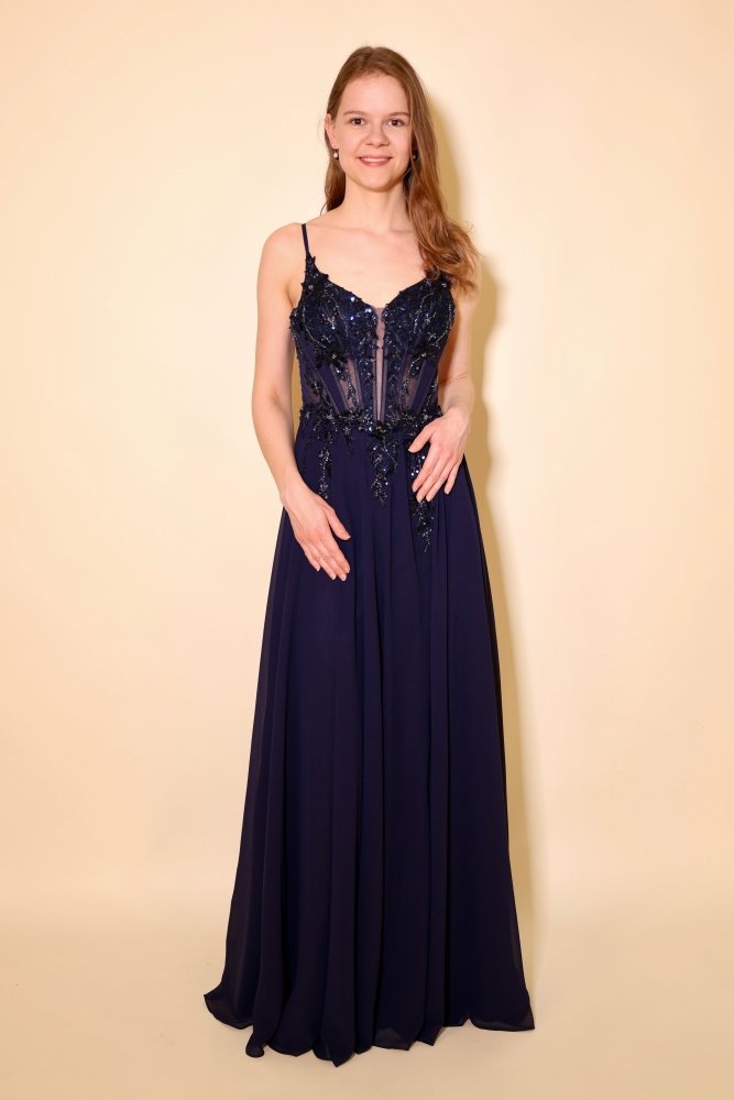 Chiffon Abendkleid floral bestickter Corsage, Rückenschnürung und Beinschlitz, dunkelblau - Dein Kleiderladen