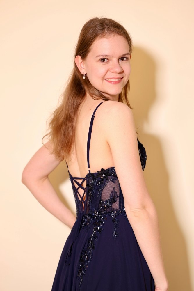 Chiffon Abendkleid floral bestickter Corsage, Rückenschnürung und Beinschlitz, dunkelblau - Dein Kleiderladen