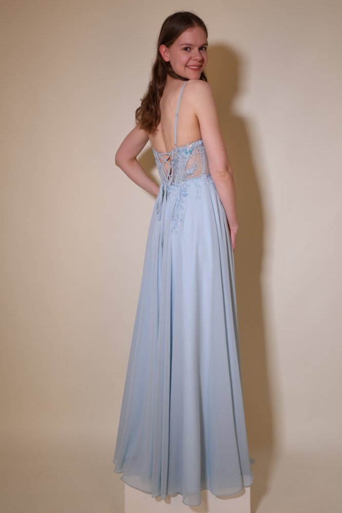 Chiffon Abendkleid floral bestickter Corsage, Rückenschnürung und Beinschlitz, hellblau - Dein Kleiderladen