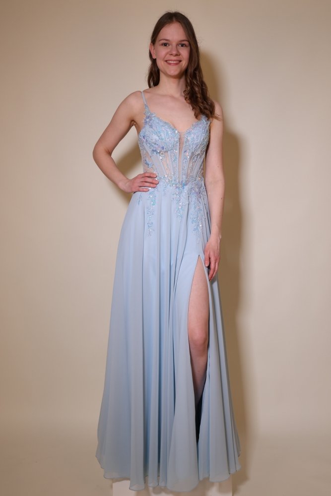 Chiffon Abendkleid floral bestickter Corsage, Rückenschnürung und Beinschlitz, hellblau - Dein Kleiderladen