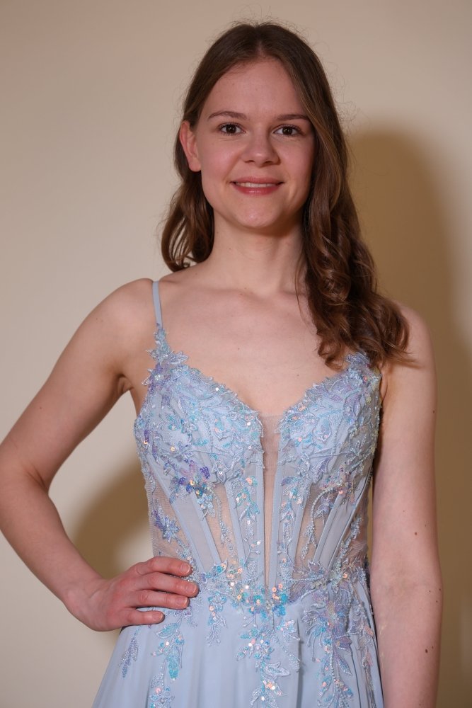 Chiffon Abendkleid floral bestickter Corsage, Rückenschnürung und Beinschlitz, hellblau - Dein Kleiderladen