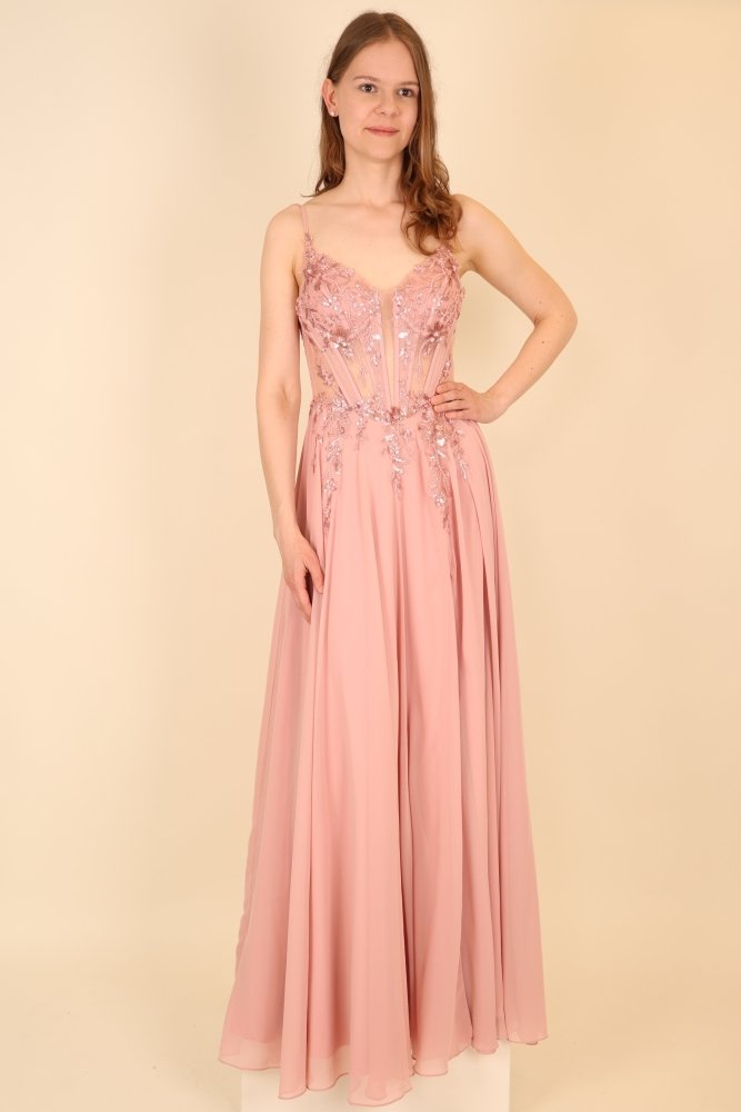 Chiffon Abendkleid floral bestickter Corsage, Rückenschnürung und Beinschlitz, rosa - Dein Kleiderladen