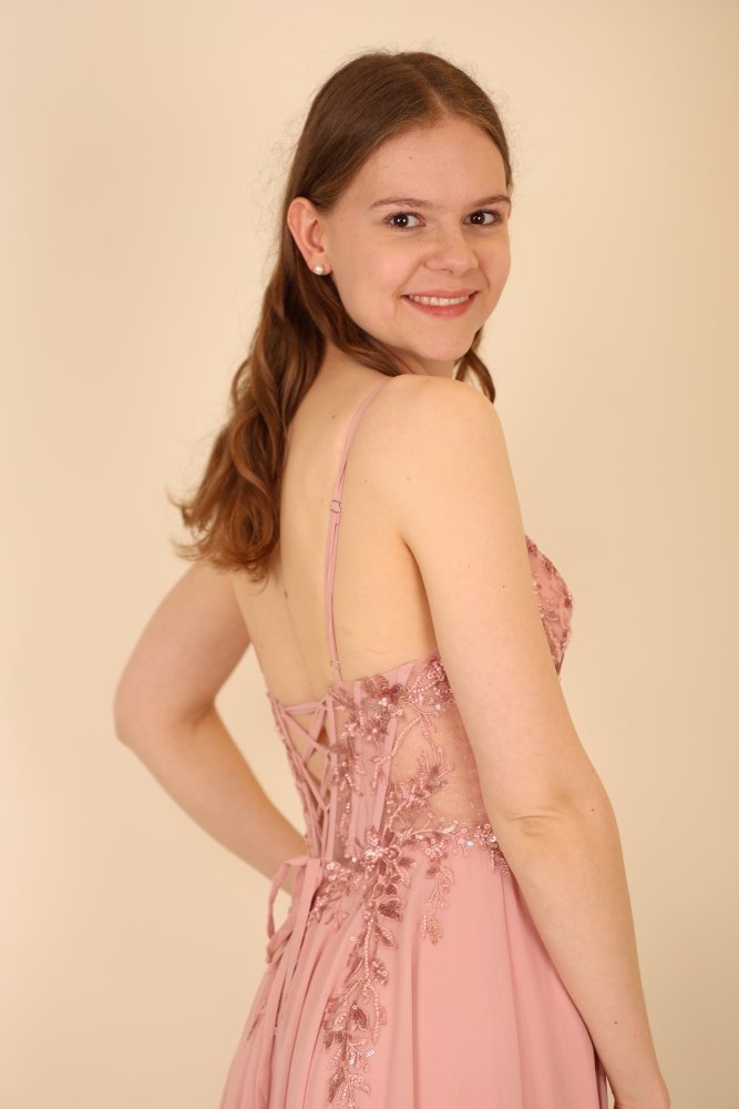 Chiffon Abendkleid floral bestickter Corsage, Rückenschnürung und Beinschlitz, rosa - Dein Kleiderladen