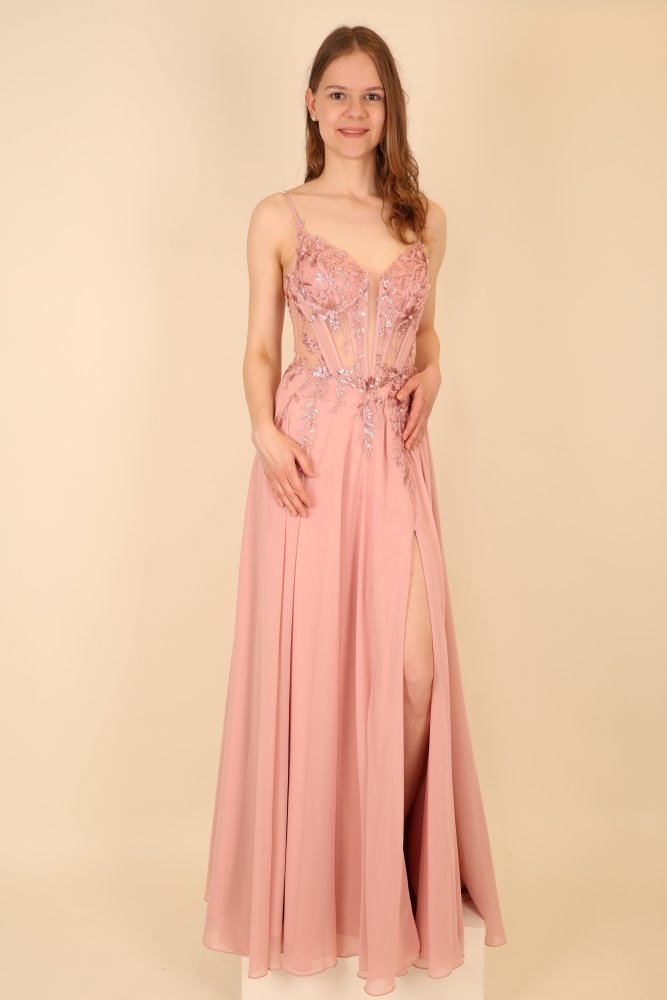 Chiffon Abendkleid floral bestickter Corsage, Rückenschnürung und Beinschlitz, rosa - Dein Kleiderladen