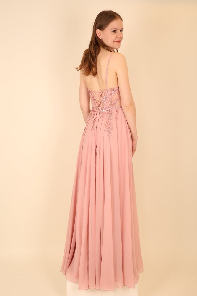 Chiffon Abendkleid floral bestickter Corsage, Rückenschnürung und Beinschlitz, rosa - Dein Kleiderladen
