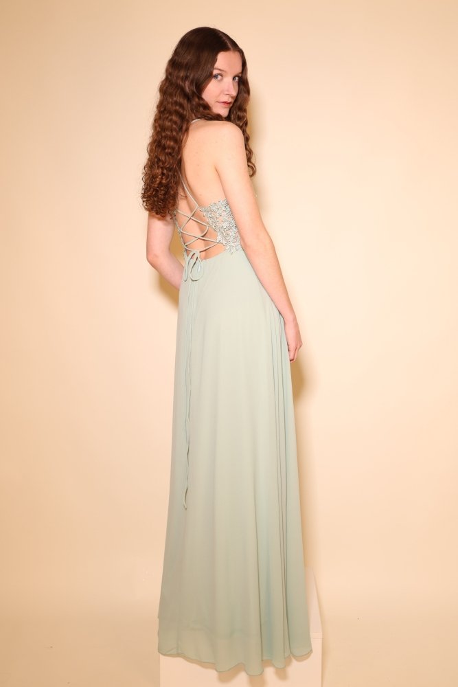 Chiffon Abendkleid mit floraler Spitzenoberteil, Schnürung & Schlitz, mint - Dein Kleiderladen