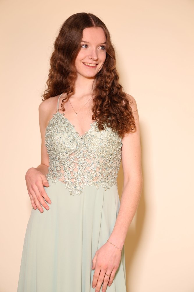 Chiffon Abendkleid mit floraler Spitzenoberteil, Schnürung & Schlitz, mint - Dein Kleiderladen